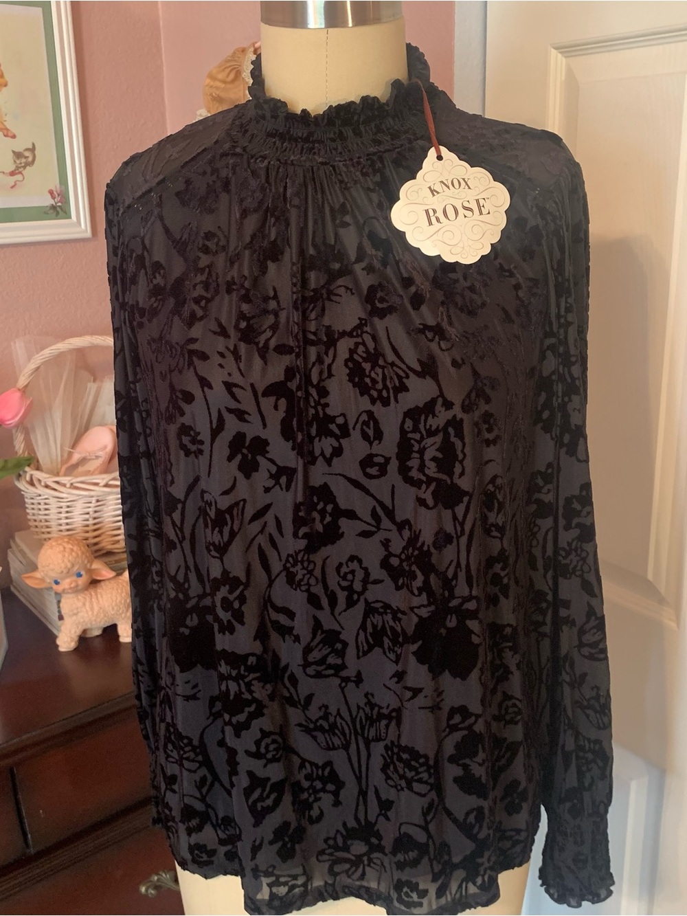 KNOX ROSE Cut Velvet Sheer Black Smocked Blouse